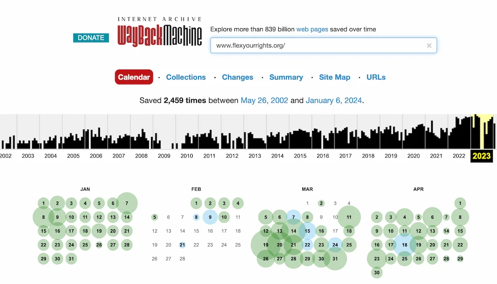Wayback Machine screenshot of FlexYourRights.org